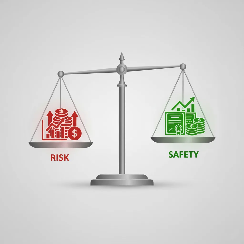 صورة ميزان يوازن بين “المخاطرة” (ممثلة بالأسهم) و”الأمان” (ممثلة بالسندات)، لإظهار دور السندات في تحقيق التوازن.