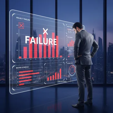 مدير مشروع أو رائد أعمال يبدو عليه الإحباط أمام شاشة تعرض رسمًا بيانيًا أحمر (للفشل) أو جدولًا زمنيًا متأخرًا (للتأخير).