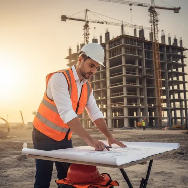 مستثمر ينظر إلى مخططات بناء في موقع إنشاء، ترمز للتخطيط والتحكم المباشر.