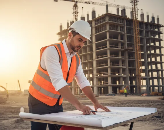 مستثمر ينظر إلى مخططات بناء في موقع إنشاء، ترمز للتخطيط والتحكم المباشر.