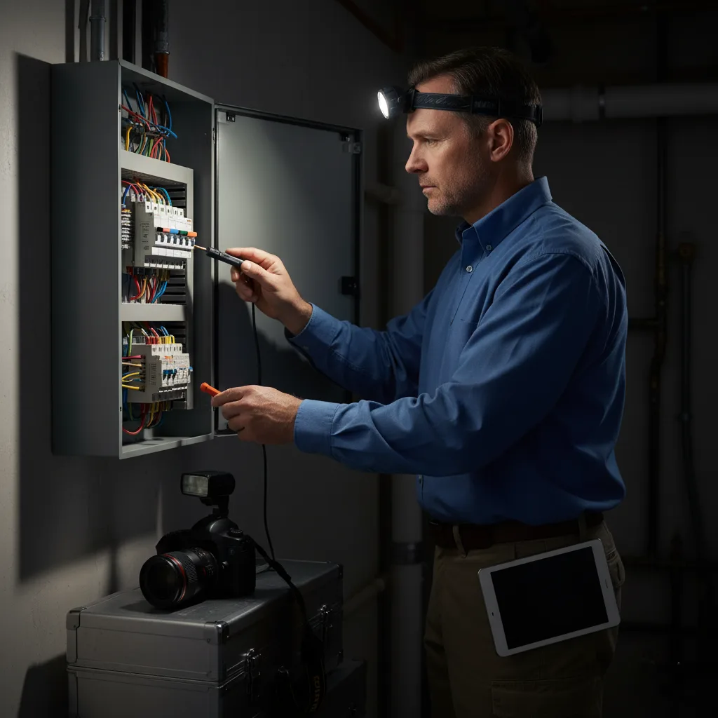 مفتش عقارات محترف يقوم بفحص أحد أجزاء المنزل (مثل لوحة الكهرباء أو السباكة تحت الحوض).