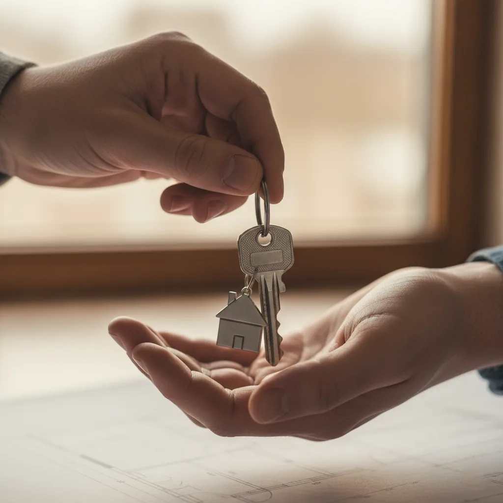 لماذا يعتبر العقار أصلًا ملموسًا؟ وما أهمية ذلك؟ 2 شخص يمسك بمفاتيح منزل جديد مع التركيز على يديه والمفاتيح، ترمز للملكية والتحكم.