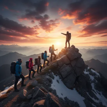 شخص يقف على قمة جبل ويشير إلى الأفق، مع فريق يتبعه، لترمز إلى الرؤية والإلهام.