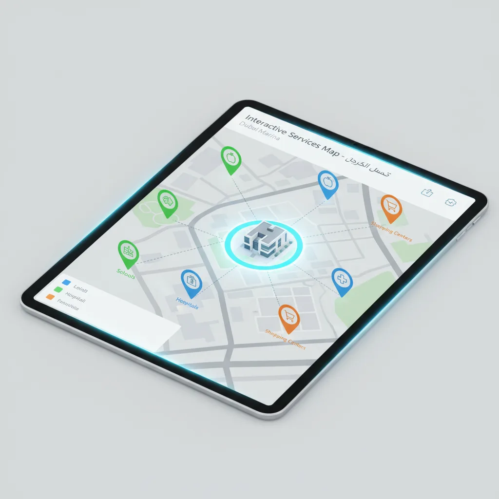 خريطة تفاعلية تظهر نقاط الخدمات الهامة (مدارس، مستشفيات، مراكز تسوق) حول موقع عقاري.