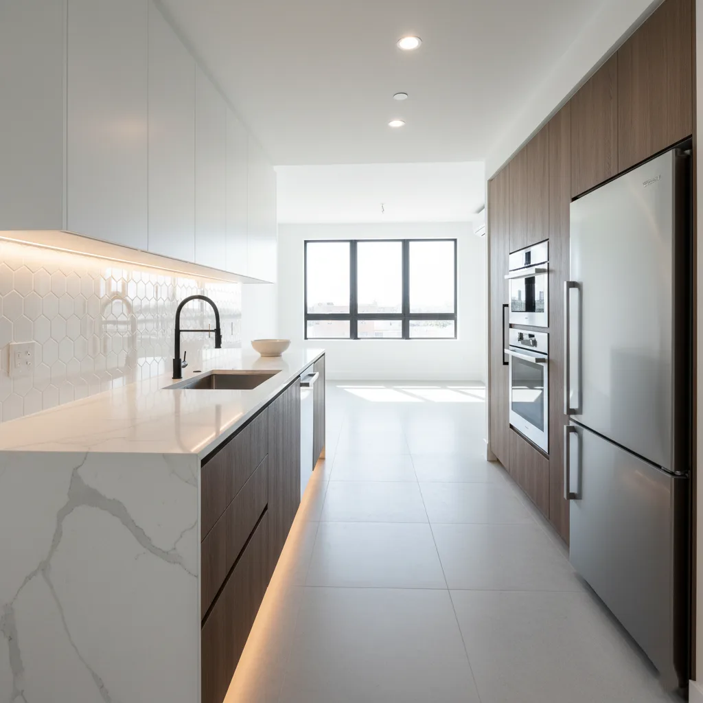 كيف تحدد سعر الإيجار المناسب لعقارك الأول 3 صورة لمطبخ حديث ومجهز بالكامل في شقة فارغة، تعكس الجودة والجاذبية.