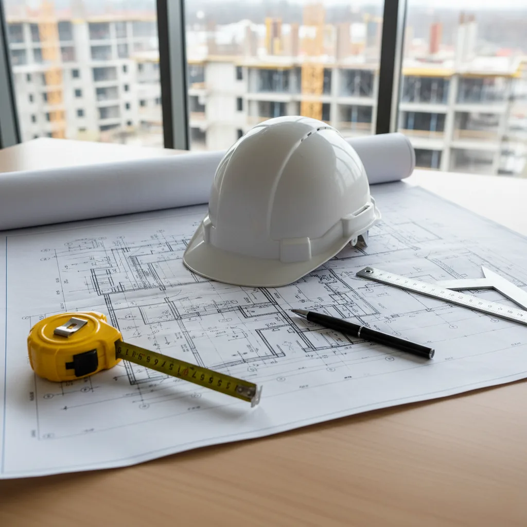 دليلك الكامل لبرنامج التمويل المدعوم من صندوق التنمية العقارية (REDF) 2 صورة لمخططات بناء مع خوذة مهندس، تمثل خيار البناء الذاتي.